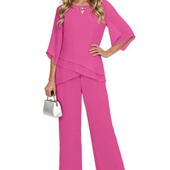 Sophisticated loose-fit pink chiffon pant suit dress by THE WHITMORE FAMILY, perfect for formal occasions and mother-of-the-bride events.