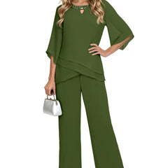 Elegant olive chiffon pant suit dress by THE WHITMORE FAMILY, featuring a loose-fit formal pant set with sophisticated style.