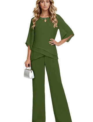 Elegant olive chiffon pant suit dress by THE WHITMORE FAMILY, featuring a loose-fit formal pant set with sophisticated style.