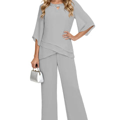 Silver loose-fit formal pant dress set by THE WHITMORE FAMILY, featuring elegant chiffon fabric and sophisticated styling.