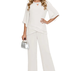 White loose-fit formal pant set dress by THE WHITMORE FAMILY, featuring elegant chiffon fabric and sophisticated style.