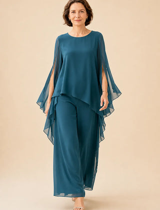 Flowing chiffon overlay mother of the bride pant set by THE WHITMORE FAMILY, featuring elegant fabric and stylish design.