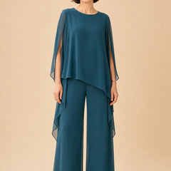 Flowing chiffon overlay mother of the bride pant set by THE WHITMORE FAMILY, elegant dress with flowing fabric and stylish design.