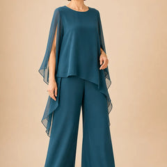 Flowing chiffon overlay Mother of the Bride pant set by THE WHITMORE FAMILY, featuring elegant fabric and stylish design.