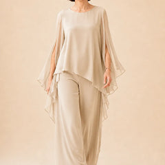 Flowing chiffon overlay Mother of the Bride pant set by THE WHITMORE FAMILY, featuring elegant fabric and stylish design.