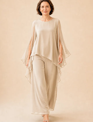 Flowing chiffon overlay Mother of the Bride pant set by THE WHITMORE FAMILY, featuring elegant fabric and stylish design.