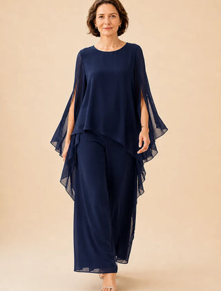 Flowing chiffon overlay mother of the bride pant set dress by THE WHITMORE FAMILY, featuring elegant design and comfortable fit.