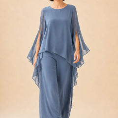 Flowing chiffon overlay Mother of the Bride pant set by THE WHITMORE FAMILY, elegant dress with layered chiffon fabric.