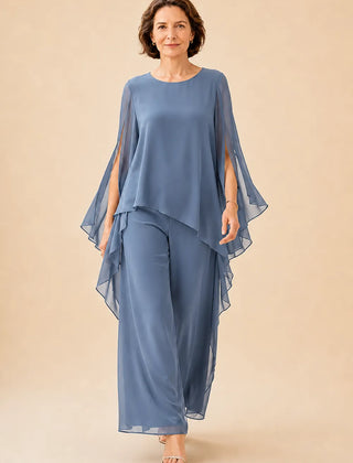 Flowing chiffon overlay Mother of the Bride pant set by THE WHITMORE FAMILY, elegant dress with layered chiffon fabric.