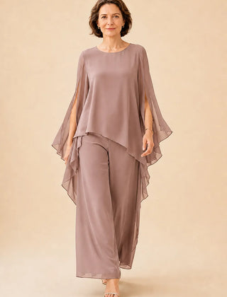 Flowing chiffon overlay mother of the bride pant set by THE WHITMORE FAMILY, featuring a stylish dress with elegant chiffon details.