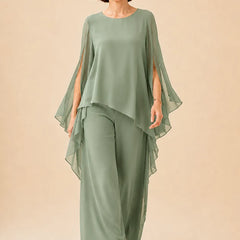 Flowing chiffon overlay mother of the bride pant set by THE WHITMORE FAMILY, elegant dress with breezy fabric and sophisticated design.