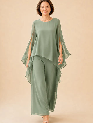 Flowing chiffon overlay mother of the bride pant set by THE WHITMORE FAMILY, elegant dress with breezy fabric and sophisticated design.