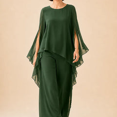 Flowing chiffon overlay mother of the bride pant set by THE WHITMORE FAMILY, elegant dress with wide-leg pants and delicate chiffon details.