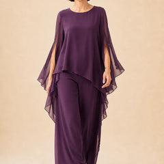 Flowing chiffon overlay mother of the bride pant set by THE WHITMORE FAMILY, featuring elegant fabric and stylish design.