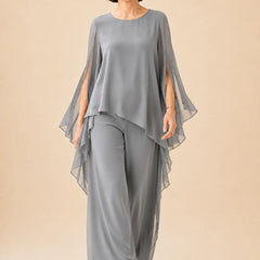 Flowing chiffon overlay mother of the bride pant set by THE WHITMORE FAMILY, elegant dress with flowing fabric and tailored fit.