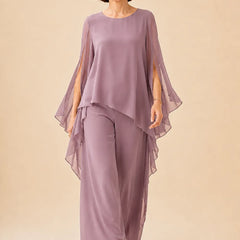 Flowing chiffon overlay mother of the bride pant set by THE WHITMORE FAMILY, elegant dress with a flowing chiffon overlay.