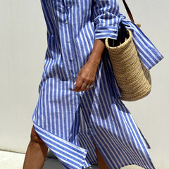 Pink Sophia striped shirt dress by THE WHITMORE FAMILY, featuring a classic design and comfortable fit, ideal for casual wear.