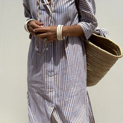 Pink Sophia striped shirt dress by THE WHITMORE FAMILY, featuring a classic design with elegant comfort and tailored fit.