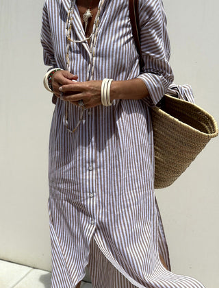 Pink Sophia striped shirt dress by THE WHITMORE FAMILY, featuring a classic design with elegant comfort and tailored fit.