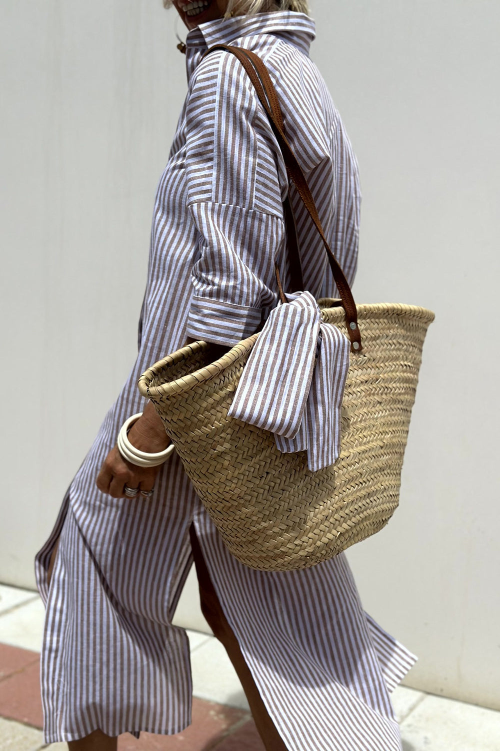 Pink Sophia striped shirt dress by THE WHITMORE FAMILY, featuring a classic design with elegant, comfortable fit.