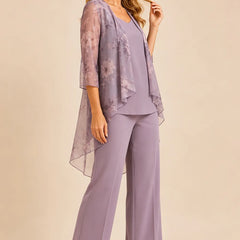 Floral chiffon overlay pant set dress by THE WHITMORE FAMILY featuring a flowy, elegant design in soft wisteria colors.