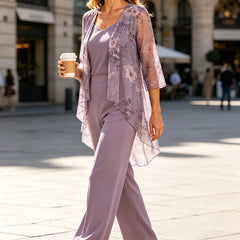Floral chiffon overlay pant set dress by THE WHITMORE FAMILY featuring a wisteria floral pattern and elegant flowing design.