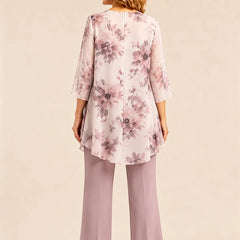 Floral chiffon three-piece pant suit dress by THE WHITMORE FAMILY featuring a wisteria floral pattern and elegant design.