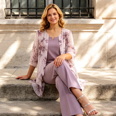 Floral chiffon three-piece pant suit dress by THE WHITMORE FAMILY featuring wisteria floral pattern and elegant design.