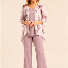 Floral chiffon three-piece pant suit dress by THE WHITMORE FAMILY featuring a wisteria floral pattern and elegant design.