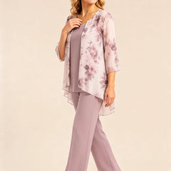 Floral chiffon three-piece pant suit dress by THE WHITMORE FAMILY featuring wisteria-patterned fabric and elegant design.