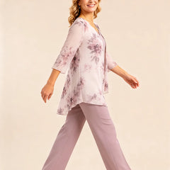 Floral chiffon three-piece pant suit dress by THE WHITMORE FAMILY featuring a wisteria floral pattern and elegant design.