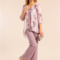 Floral chiffon three-piece pant suit dress by THE WHITMORE FAMILY featuring a wisteria floral pattern and elegant design.