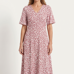 Rose-colored Romy midi dress by THE WHITMORE FAMILY, featuring a tummy-covering design and a stylish, comfortable fit for women.