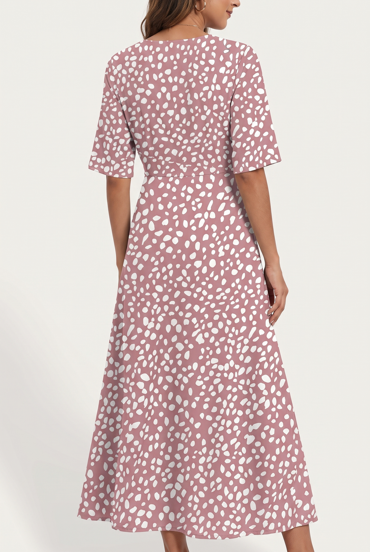 Women’s rose-colored Romy midi dress by THE WHITMORE FAMILY, tummy covering design, casual and comfortable for everyday wear.