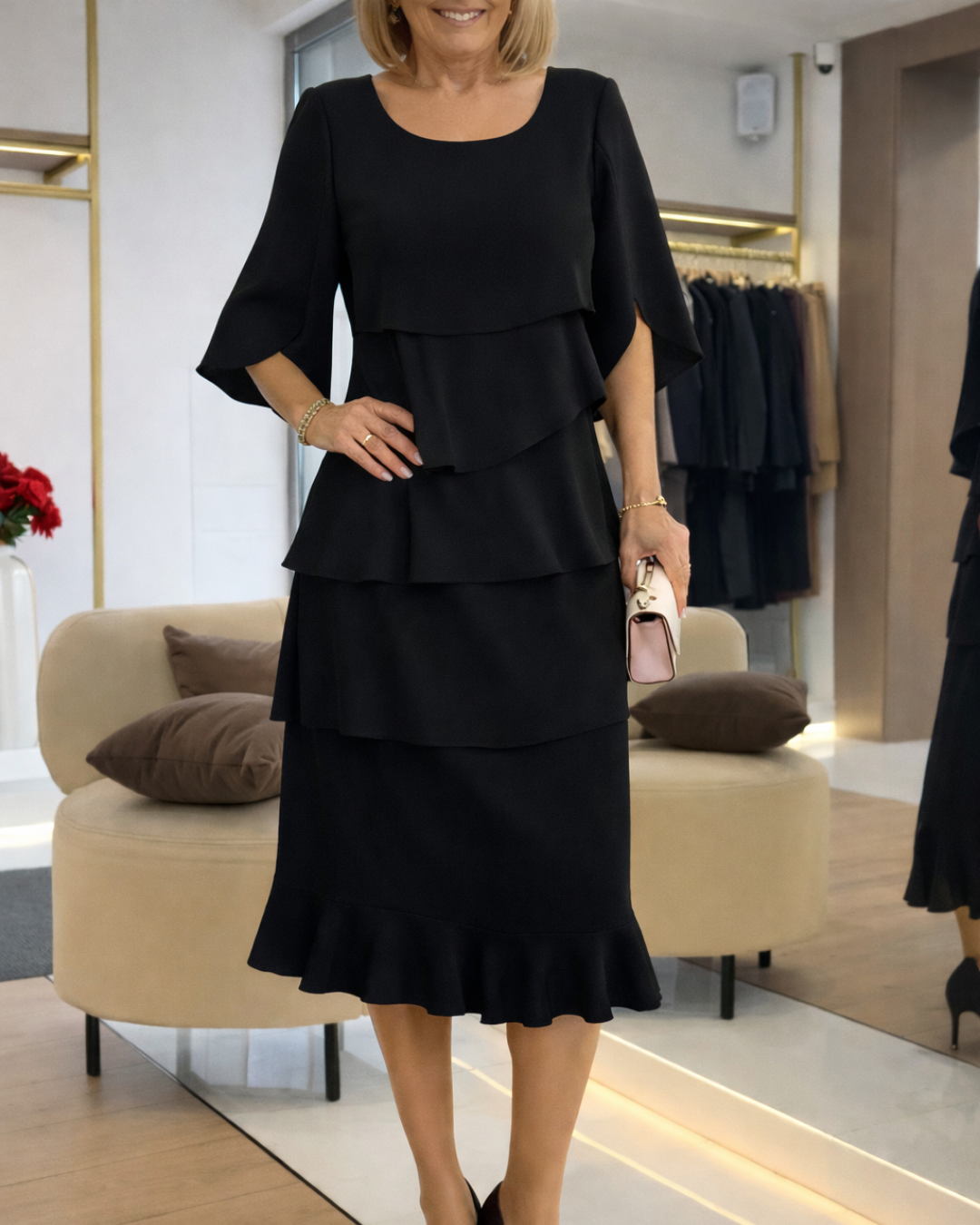 Black Patricia ruffle dress by THE WHITMORE FAMILY, elegant comfort dress with stylish ruffle details and a flattering fit.