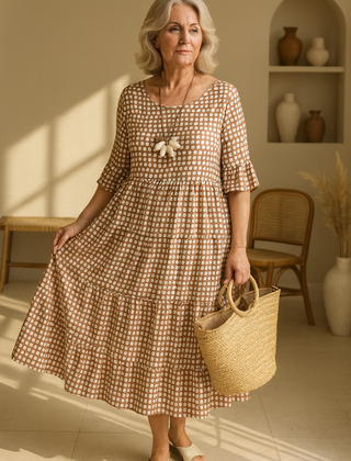 Brown Iris Sable Midi Dress by THE WHITMORE FAMILY featuring a flowy silhouette and elegant design.