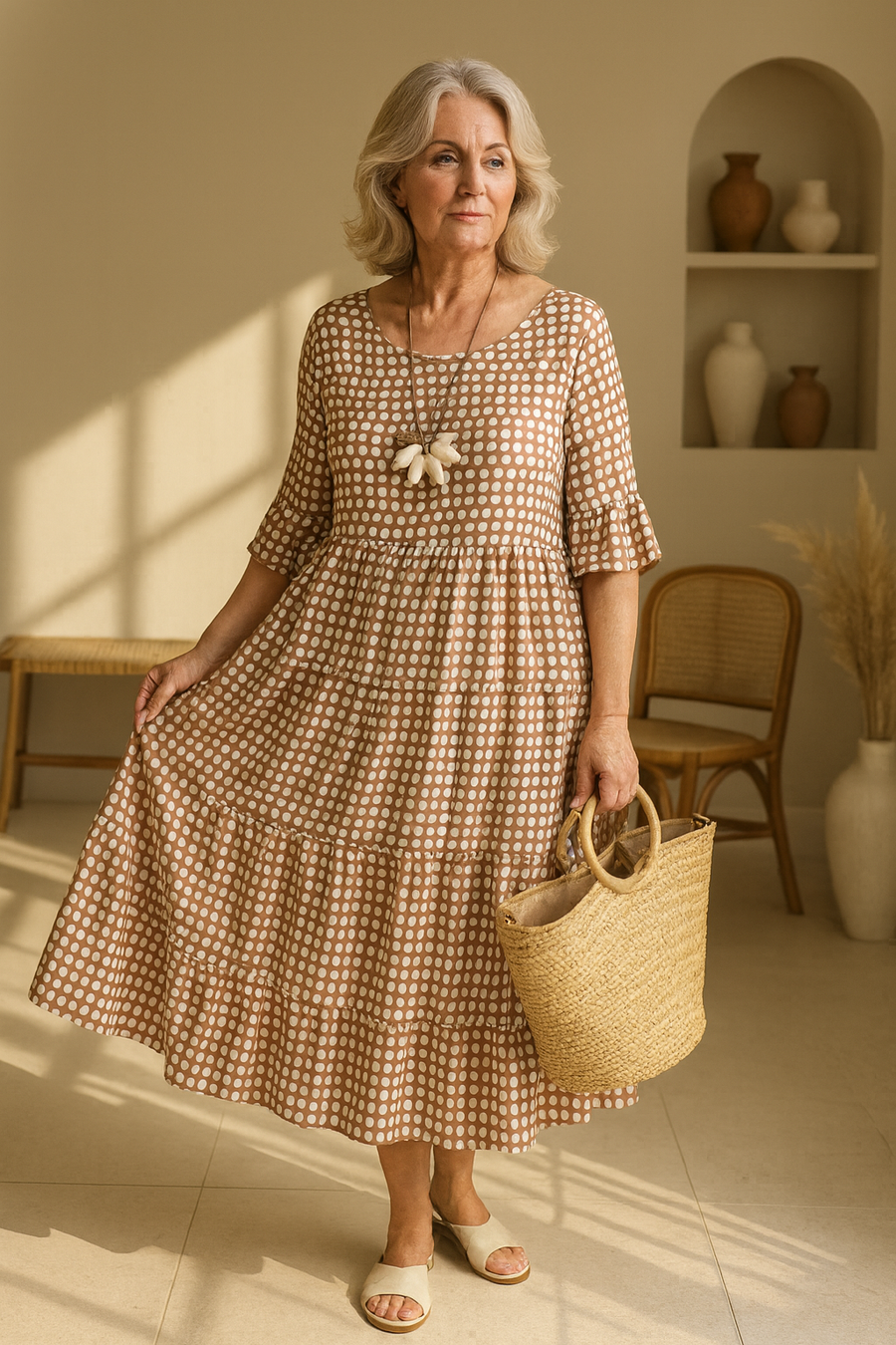 Brown Iris Sable Midi Dress by THE WHITMORE FAMILY featuring a flowy silhouette and elegant design.