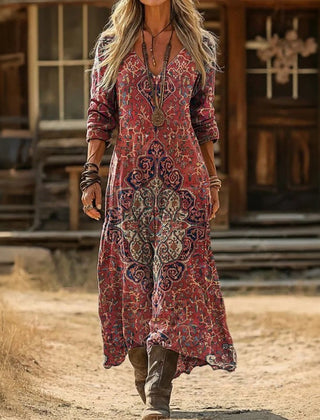 Red Olivia dress by THE WHITMORE FAMILY with lightweight, soft draping fabric, shown on a model.