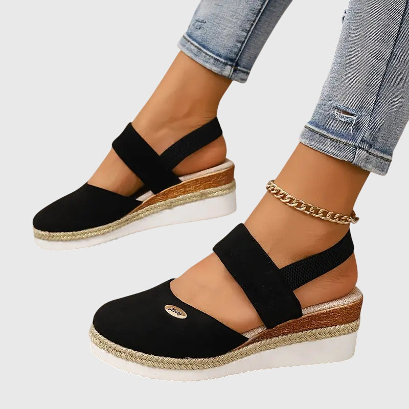 Beige Antonia™ ELUXOR orthopedic sandals by THE WHITMORE FAMILY with cushioned straps and supportive sole, ideal for comfort.