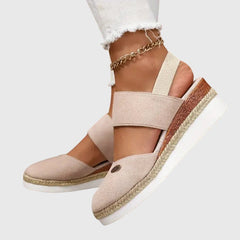 Beige Antonia™ ELUXOR orthopedic sandals by THE WHITMORE FAMILY with supportive design and cushioned footbed.