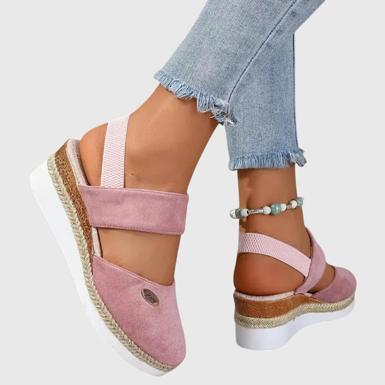 Beige Antonia™ Eluxor orthopedic sandals by The Whitmore Family, featuring cushioned footbed and supportive design.