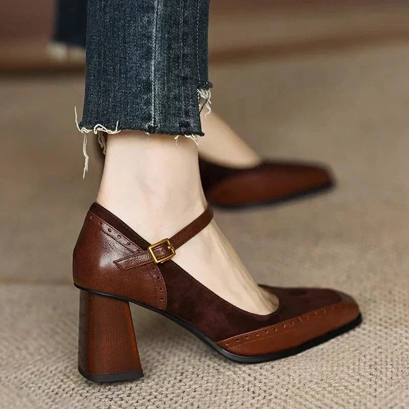 Brown Florence Classic Mary Janes flat sandals by THE WHITMORE FAMILY with rounded toe and strap detail.
