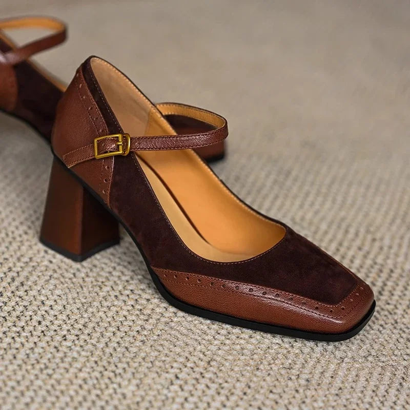 Brown Florence Classic Mary Janes flat sandals by THE WHITMORE FAMILY, featuring a comfortable, stylish design with closed toes and ankle straps.