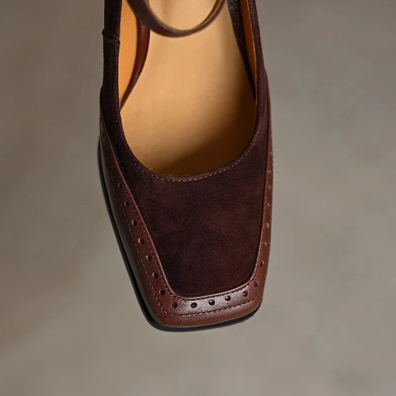 Brown Florence Classic Mary Jane flat sandals by THE WHITMORE FAMILY with rounded toe and adjustable strap.
