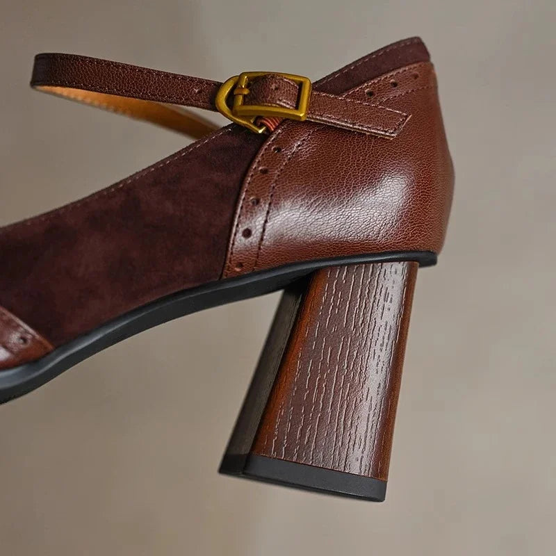 Brown Florence Classic Mary Janes flat sandals by THE WHITMORE FAMILY with rounded toes and ankle straps.