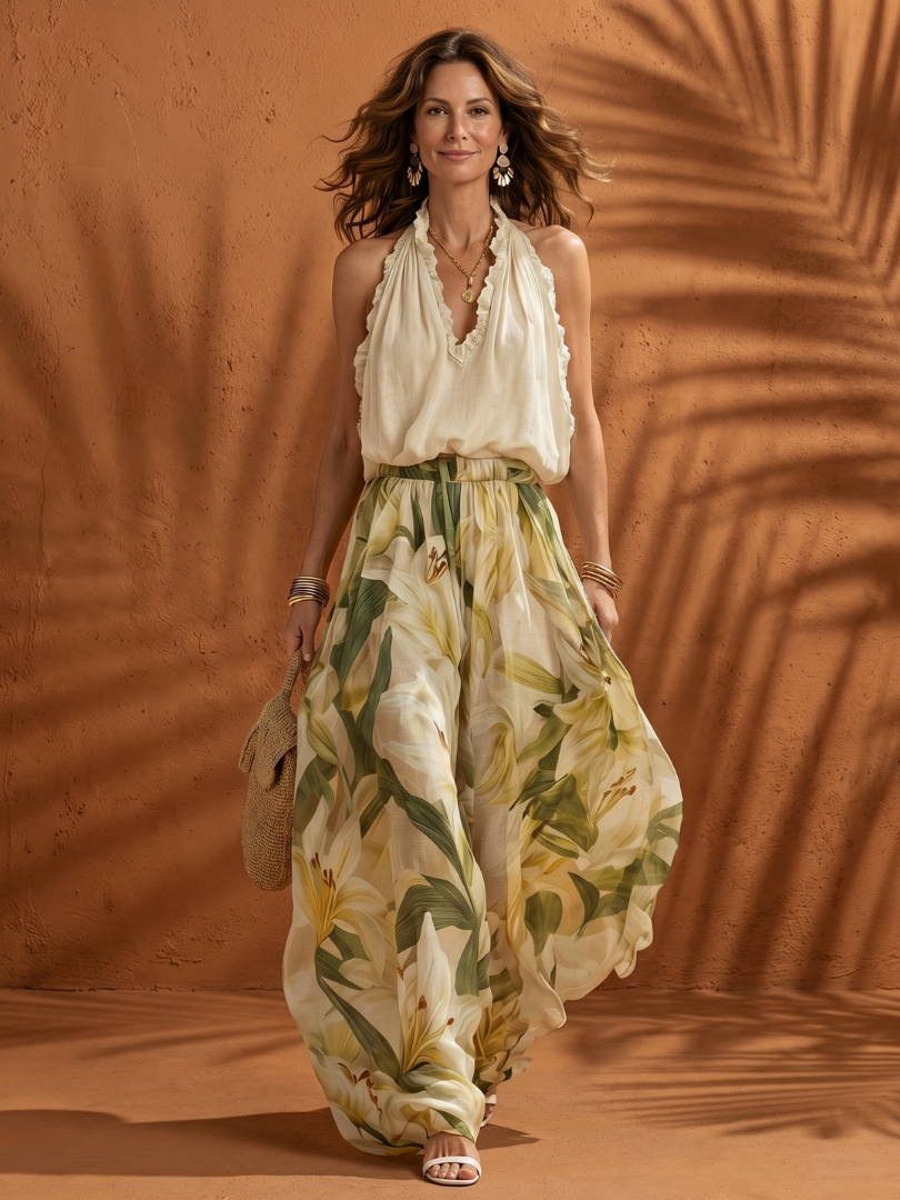 Floral wide-leg set featuring a halter neck blouse from THE WHITMORE FAMILY's Solange collection, displayed on a model.