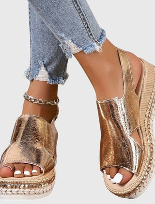 Helen orthopedic sandals by THE WHITMORE FAMILY in gold, featuring cushioned soles and adjustable straps.