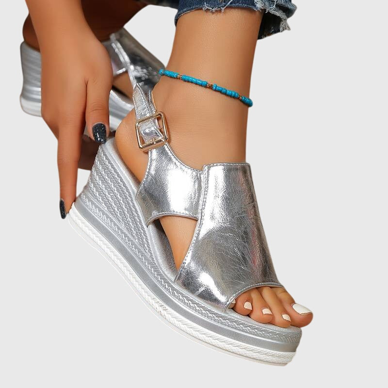 Gold Helen orthopedic sandals by THE WHITMORE FAMILY featuring cushioned straps and supportive soles for comfortable wear.