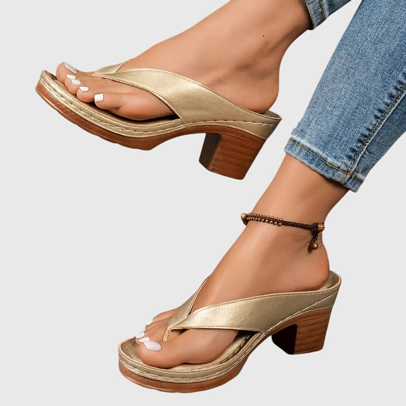 Gold Gianna™ Orthopedic Sandals by THE WHITMORE FAMILY with cushioned straps and supportive soles.