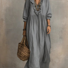Gray boho long sleeve maxi dress by THE WHITMORE FAMILY featuring flowing fabric and relaxed fit, perfect for casual or bohemian style.